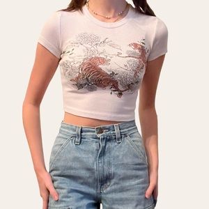 cotton ribbed white tshirt with tiger design size xs